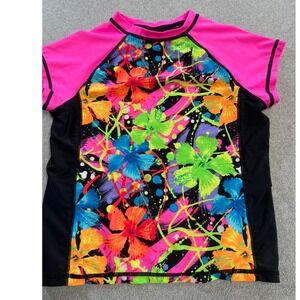 Breaking Waves Rash Guard Girls 14 Multicolor Neon Floral Splatter Excellent